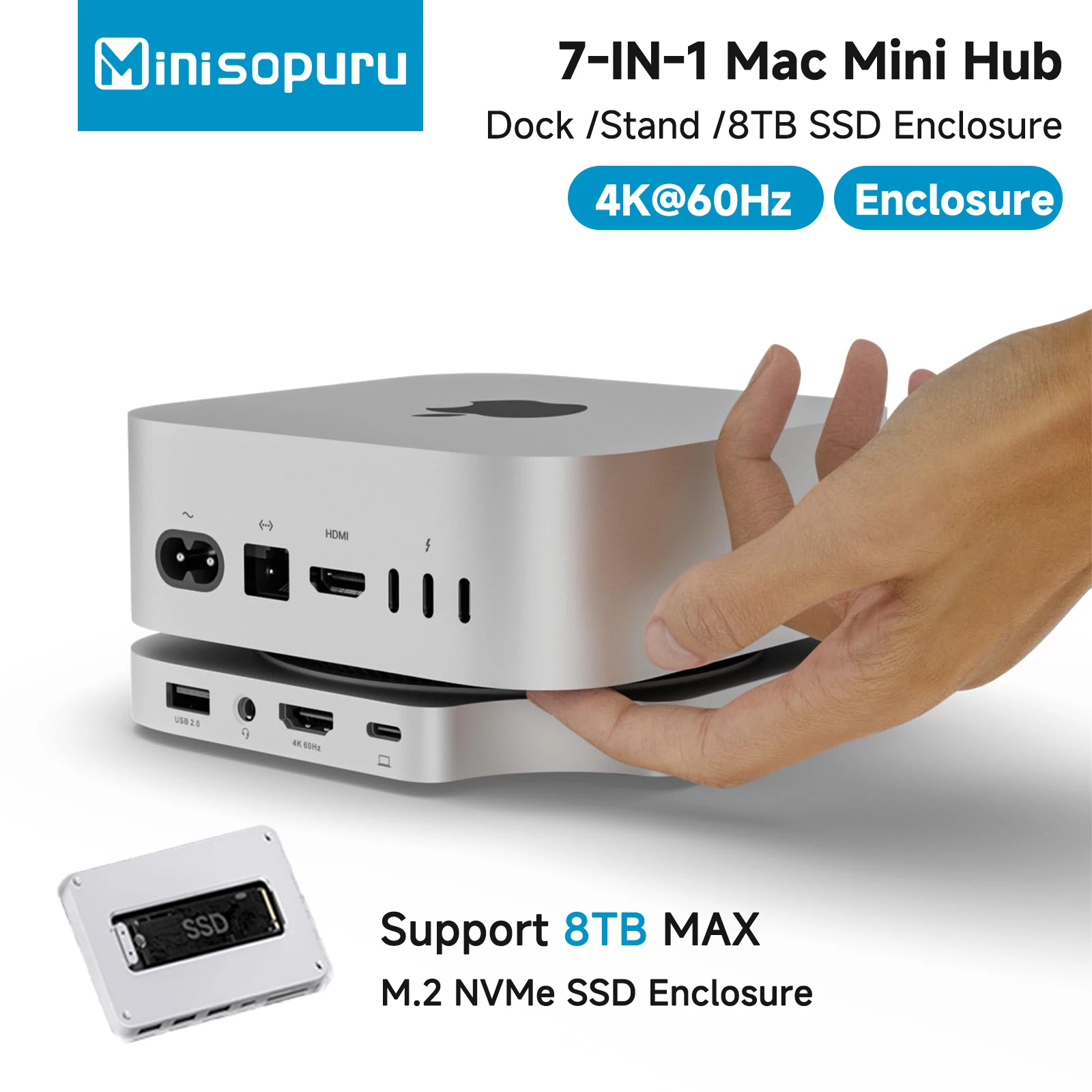 

Док-станция Minisopuru Mac Mini M4 с корпусом 8 ТБ M.2 Nvme SSD 4K60 Гц HDMI SD/TF Многопортовые USB-концентраторы для Mac Mini M4 Pro Hub