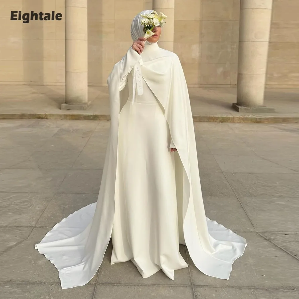Eightale Arabic Wedding Dress O-Neck Customized Ivory Long Sleeves Muslim Cape Bridal Gown Bride Party Dress Vestido De Novia
