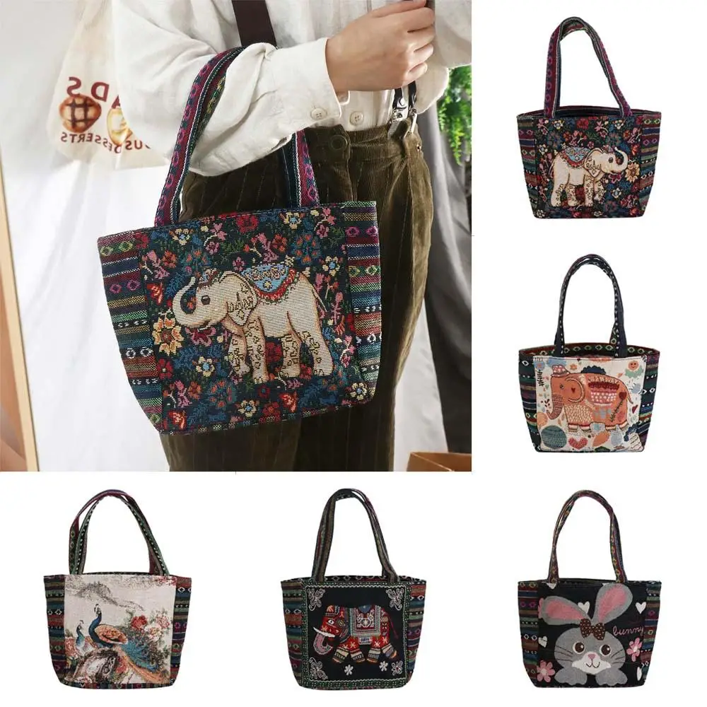 

Vintage Embroidery Elephant Ethnic Style Handbag Peacock Rabbit Women Shoulder Bags Animal Canvas Handbag Storage Bag