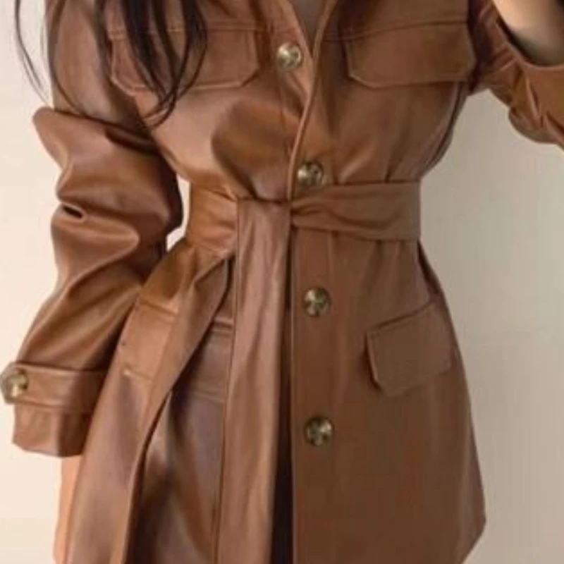 Damskie modele Jesień Zima Płaszcz Bluzki Kurtka Skórzana Długi rękaw Średniej długości Luźny Modny Elegancki Design Wyrafinowany Wypoczynek Prosty