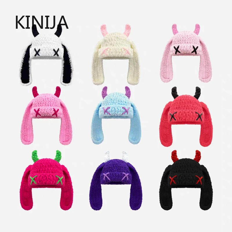 Теплая шапка на шлем с длинными ушками Y2K, вязаная шапка для женщин, зимняя универсальная забавная пуловерная шапка, мужская холодная шапка в стиле панк, готика