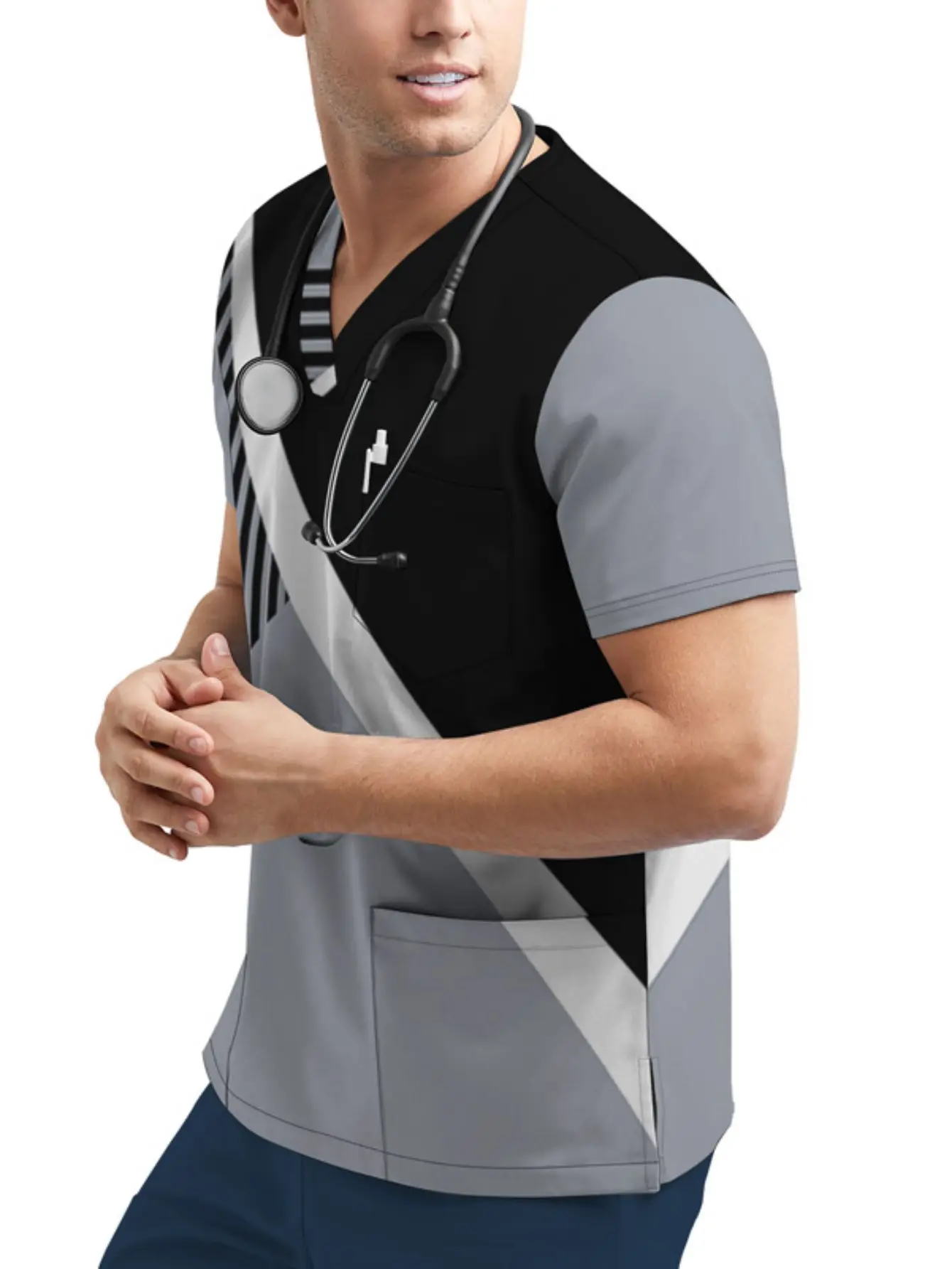 Ropa de trabajo avanzada de verano para cuidadores masculinos, mangas cortas para múltiples ocasiones y atuendo profesional versátil.