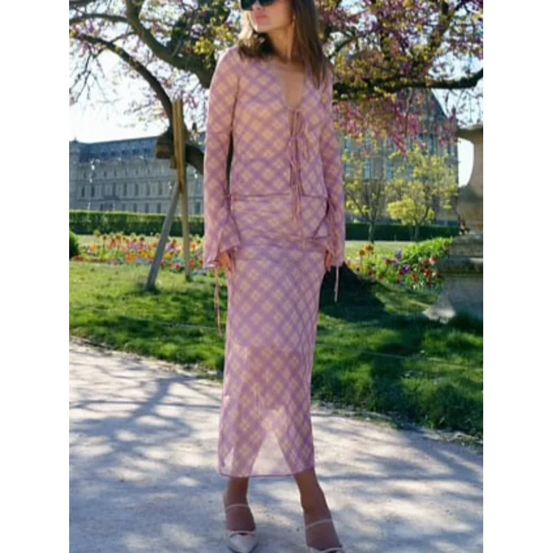 Women's Casual Suit Pink Print V-Neck Lace-Up Loose Blouse Long Straight Skirt Fashion Spring Summer Holiday Outfit Set