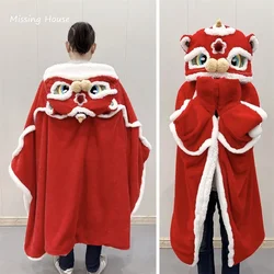Cartoon Chinese Red Lion New Year Christmas Cloak Hoodie Blanket Flannel Hooded With Hat Glove Wearable Warm Kids Cosplay Gift