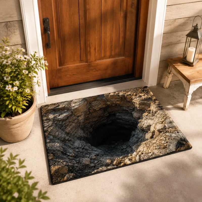 VIKAMA 3D Illusion Hole Doormat Rock Pit Optical Print Water Resistant Easy Clean Outdoor Entrance Non Slip Floor Mat