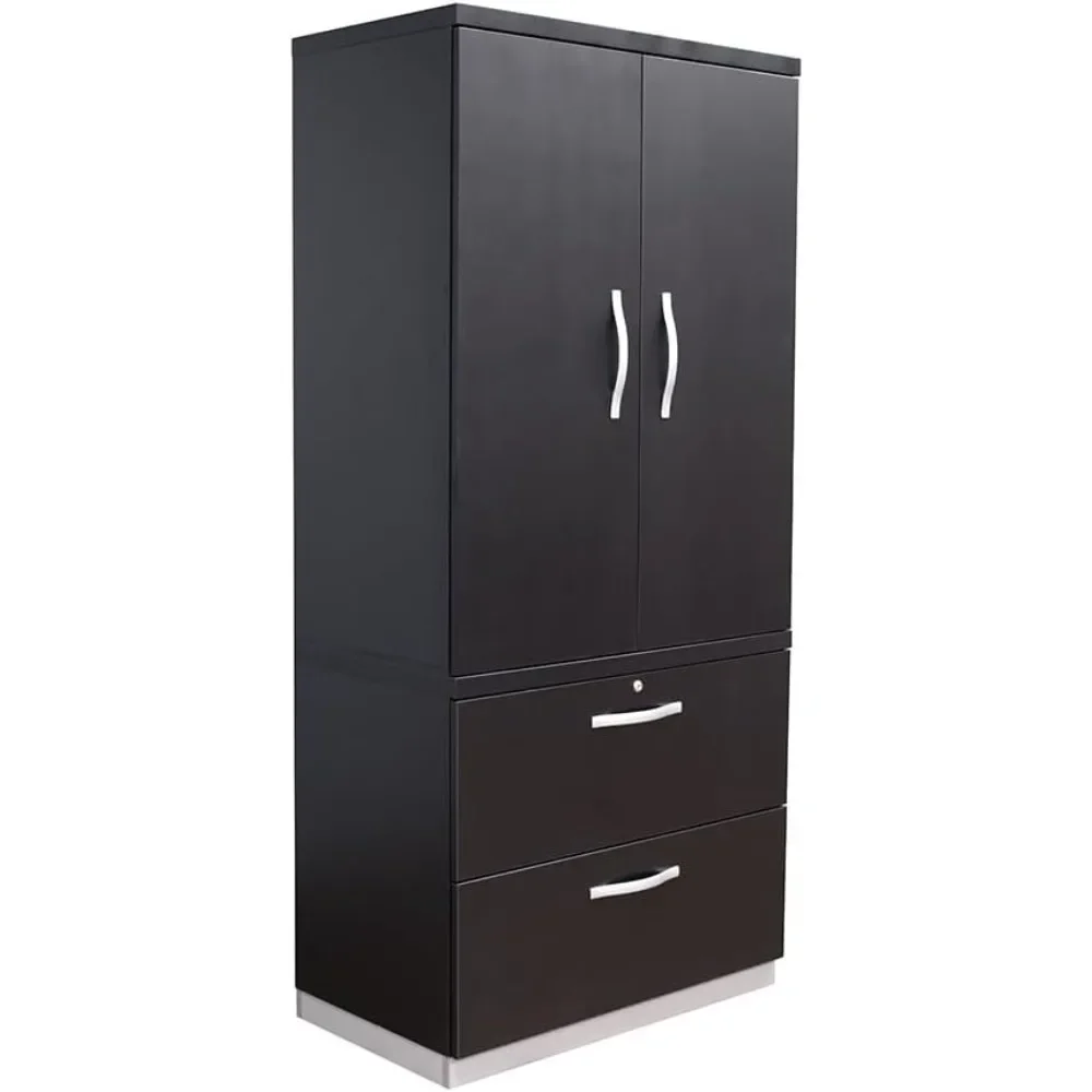 Metropolitan Wardrobe Cabinet with Two Drawer Lateral File Black Laminate/Silver Laminate Base/Silver Hardw