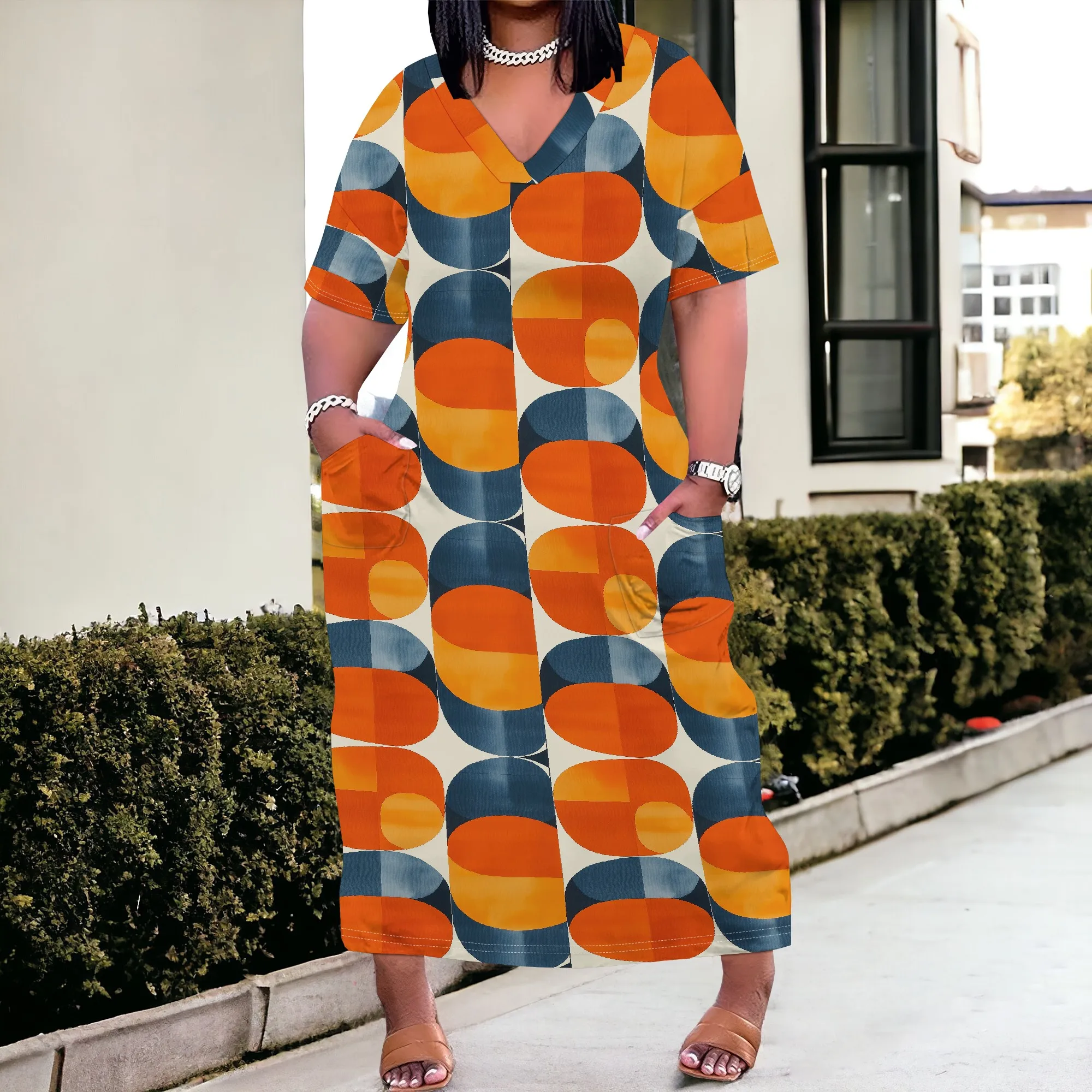 

Plus Size Women's Abstract Circle Print V-Neck Maxi Dress 2025 Summer Casual Beach Party Dress XL-6XL