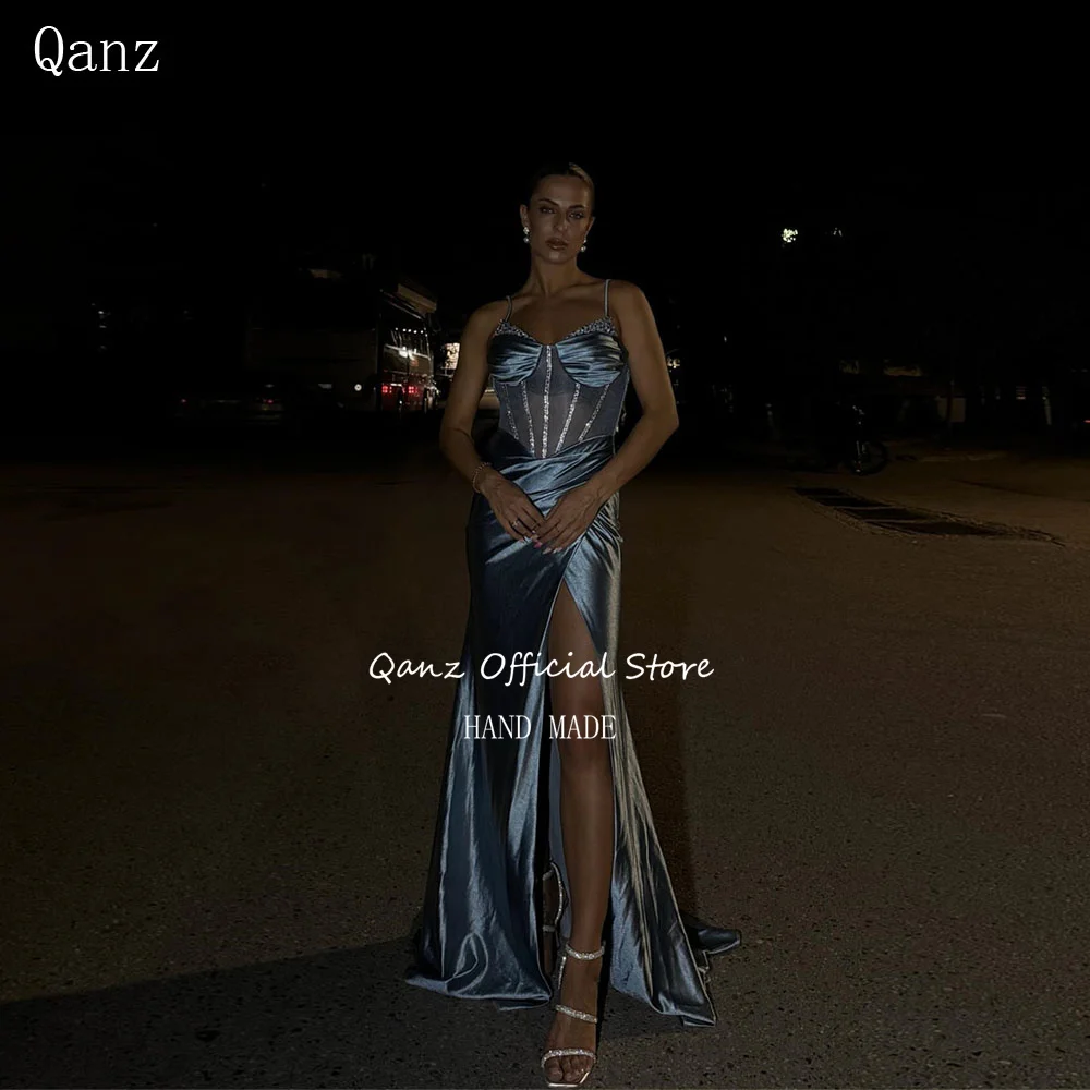

Qanz Sexy Mermaid Prom Dresses High Slit Blue Satin Evening Party Gowns Spaghetti Straps Giltter Robe De Soirée Femme Customized