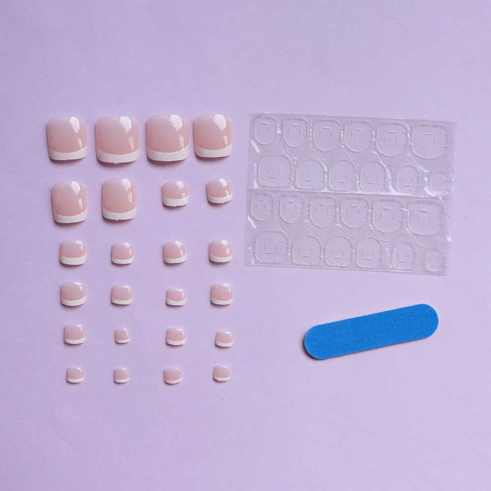 24 Stuks Korte Vierkante Roze Teen Nagels Nep Teen Nagels Druk Op Teen Nagels Franse Nep Teen Nagels Met Witte Rand Nagels