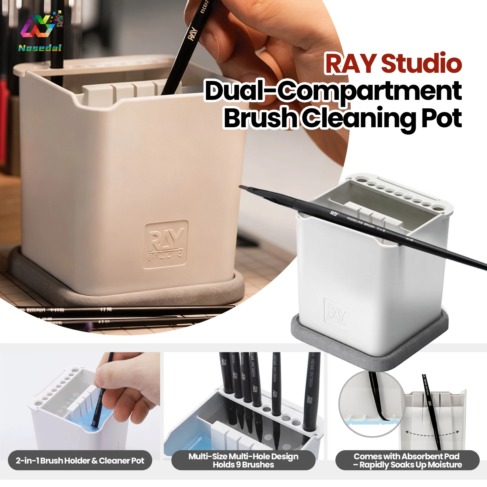 RAY Studio 2 In 1 Dual Compartment Brush Cleaning Pot Holder And Cleaner With Absorbent Pad for Gundam Model Painting Brushes