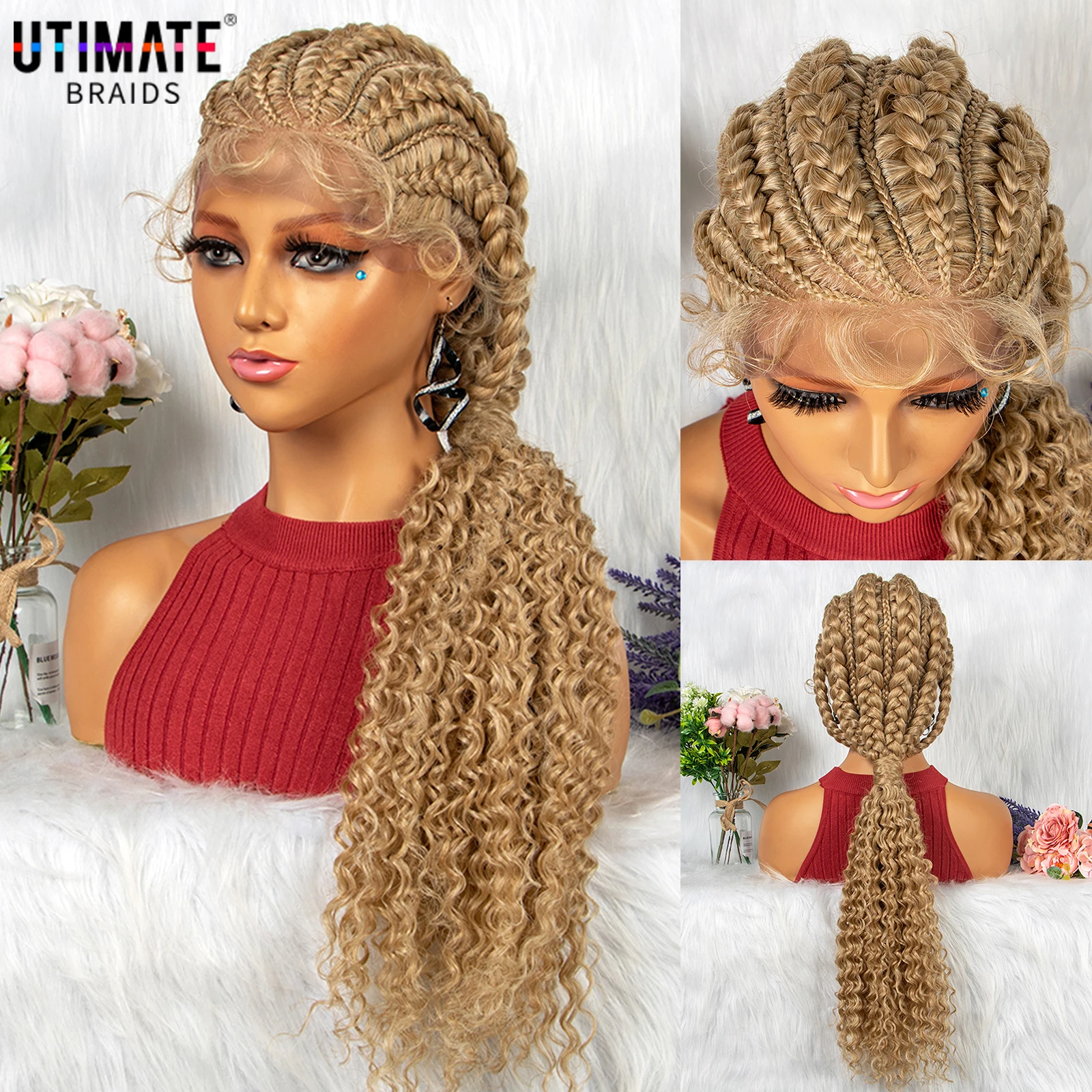 Synthetic Blonde Ponytail Braided Wig with Baby Hair for Black Women Cornrow Braids Wig with Curly Lace Front Braiding Wig