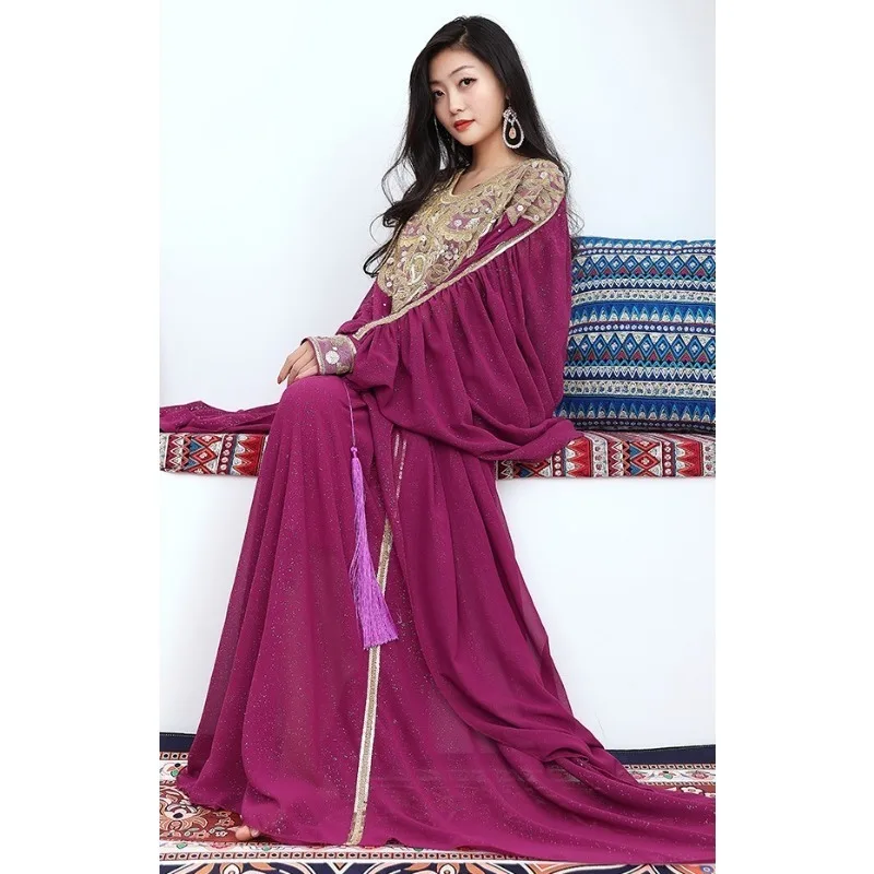 Danza del ventre personalizzata Capelli del Golfo persiano Altalena Danza Khaleegy Haligi Robe Concorrenza Grado Performance Costume Veste e gonna