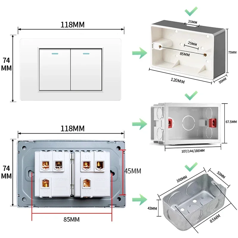 Melery White 16A 120*72 US Brazil Italy Light Switch,PC Panel 1/2/3gang 1/2way Switch on Off,Wall Electrical Outlet for Home
