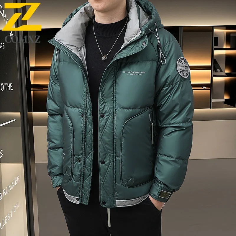 

COMXZ Puffer Jacket Mens 2025 Classics Solid Color Hooded Cycling Windproof Parka Casual Working Cold Protection Winter Garment