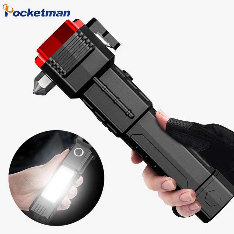 

Car Safety Hammer Multi-functional USB Flashlight Emergency Work Light Rescue Self-protection Torch Outside Broken Window