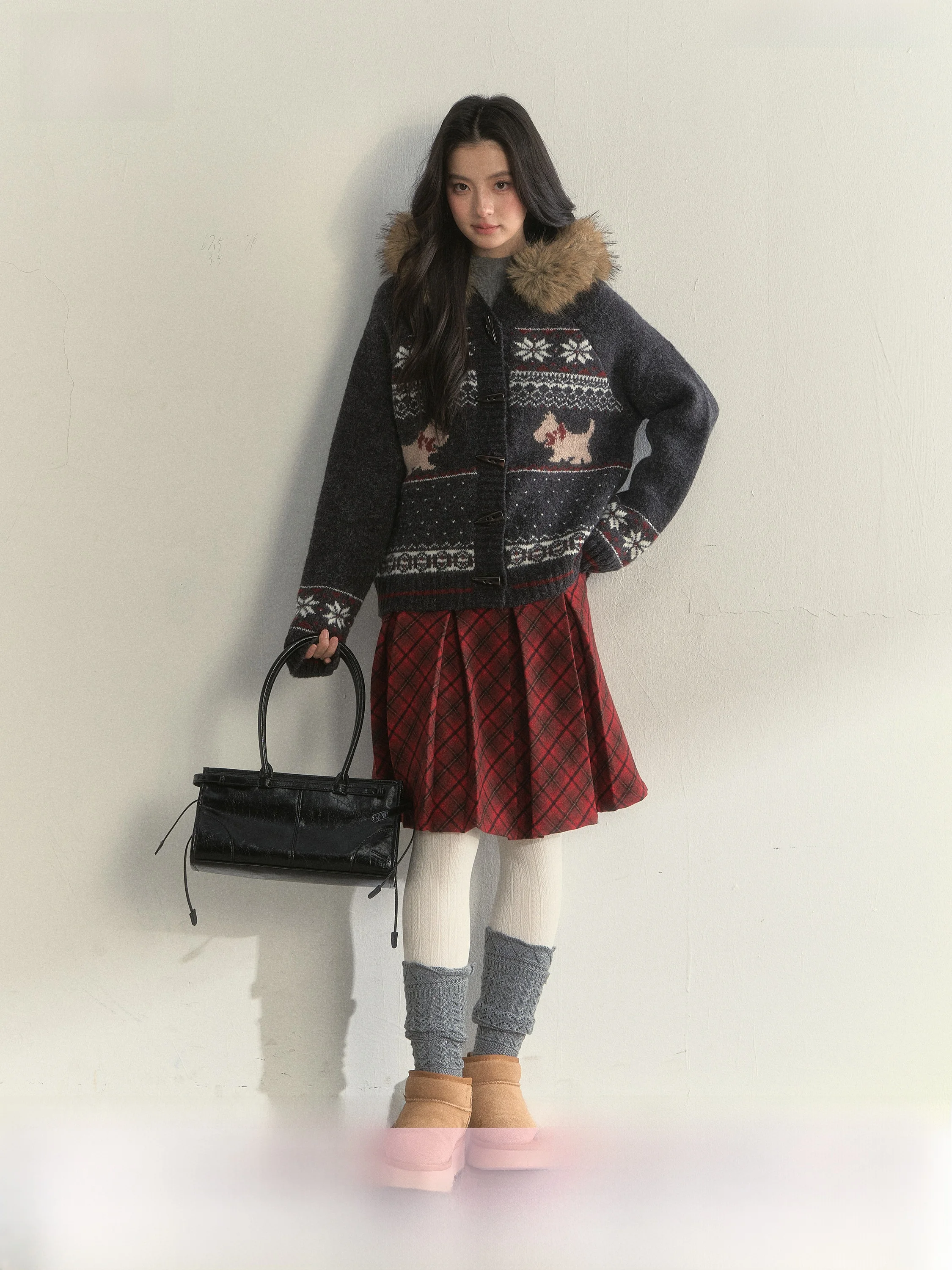 

SunsetPark Thick Knitted Sweater Coat Deep Grey Retro Fair Isle Dog Collar Large Fur Collar Warm Autumn Winter Women's Fashion