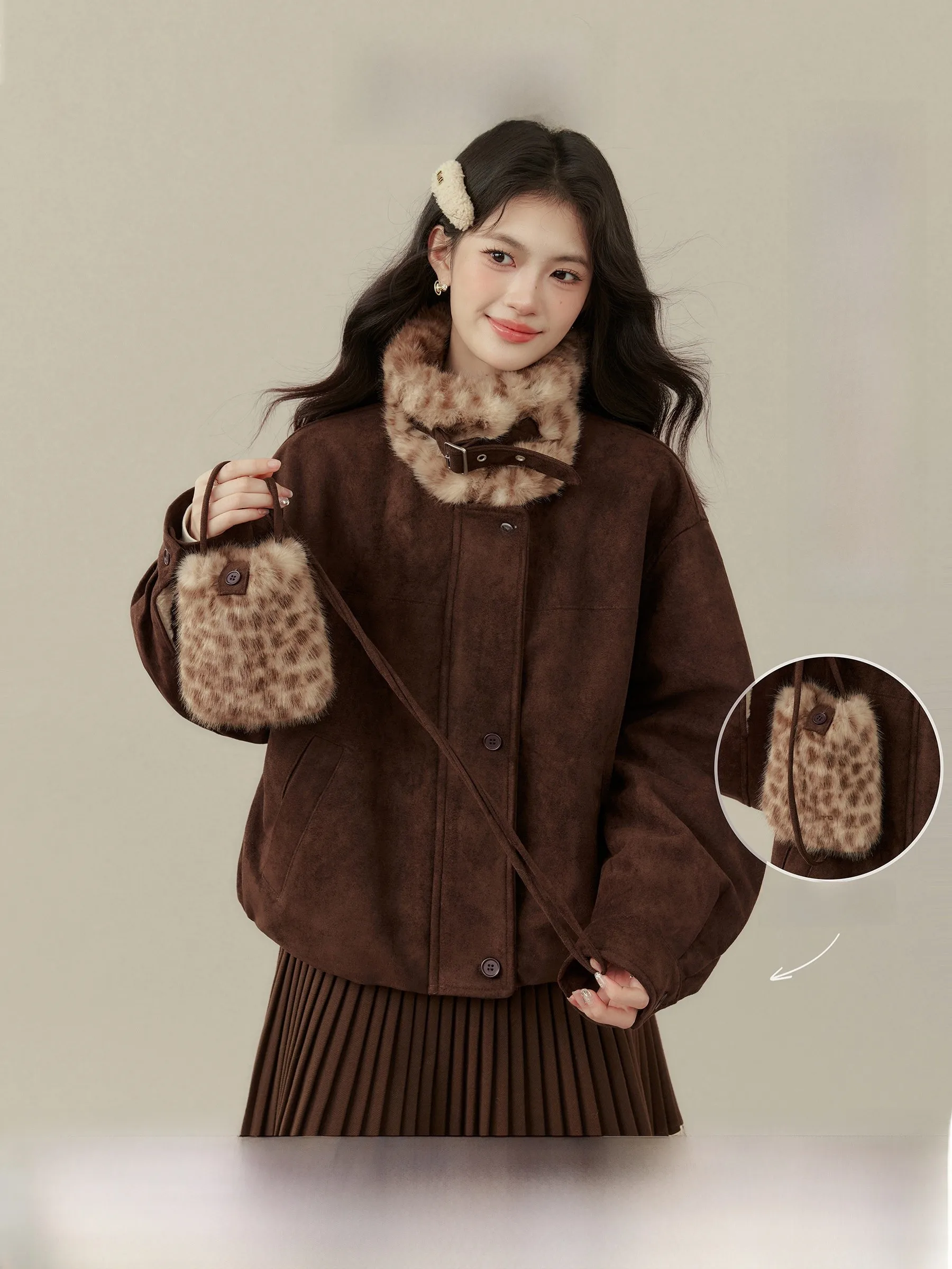 

Ou Yang Xi Coffee Stamp Velvet Jacket Women's Loose Winter Zipper Short Coat American Style Ladies Fashion Faux Leather