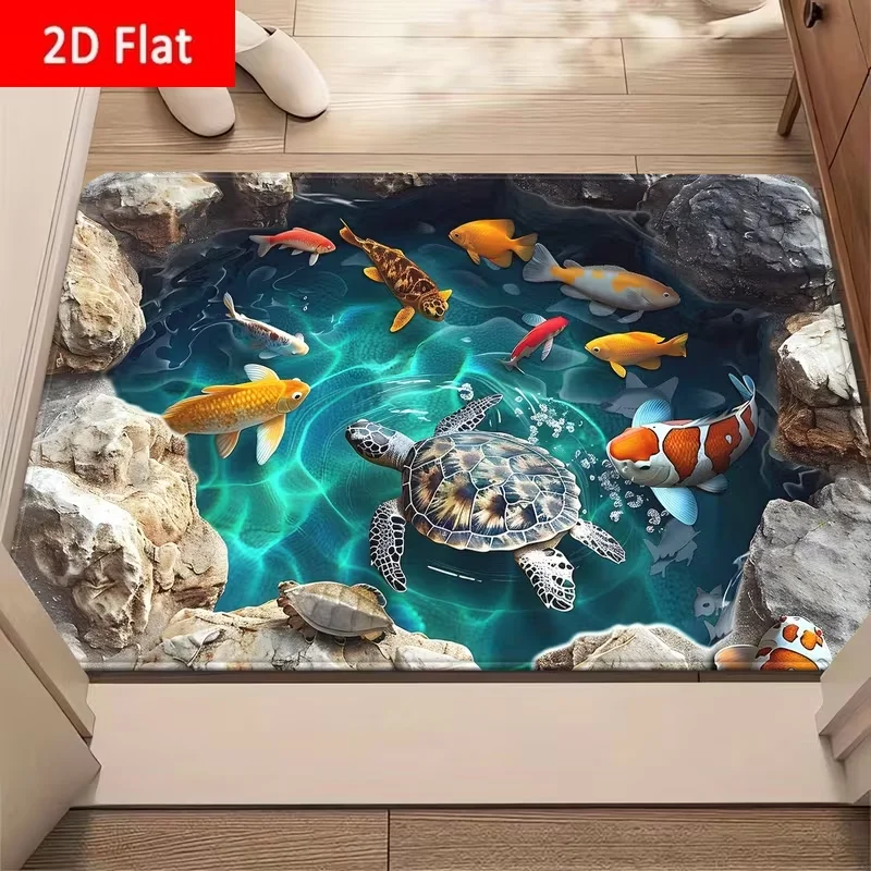 

Коврик 2D с иллюзией плоского пространства, противоскользящий, с рисунком черепахи и рыбы, для ванной, кухни, прихожей, декоративный, праздничный