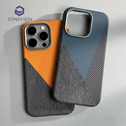 Magnetic Denim Fabric For MagSafe Leather Case For iPhone 13 14 15 16 Pro Max Alloy Lens Wireless Charge Shockproof Cover Fundas