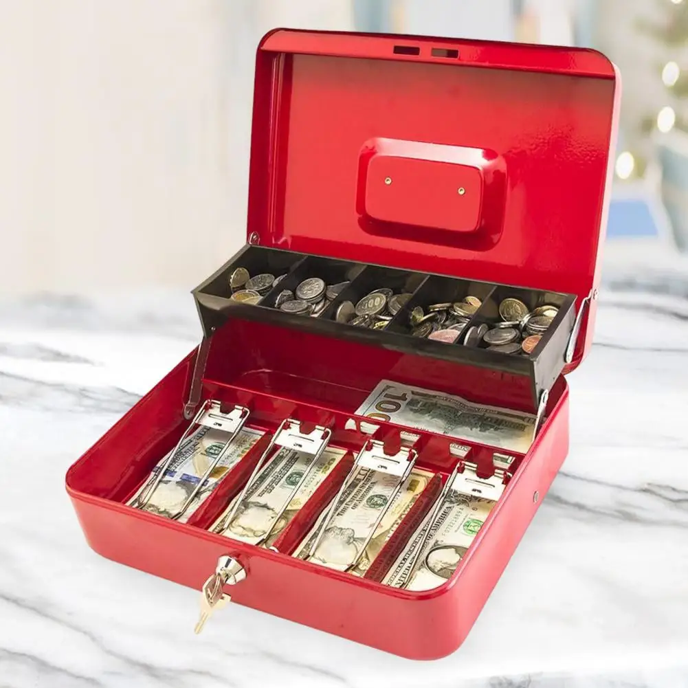 Cash Storage Box With Lock 2 Keys Metal Money Box With Cash Tray Large Capacity Multi-compartments Portable Lock Safe Box 돈상자