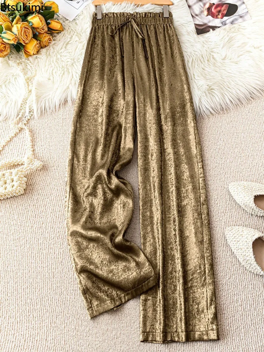 

Spring Summer Women Pants Shiny Solid Color High Waist Ladies Pants Wrinkled Loose Straight Wide Leg Trousers for Daily Wear
