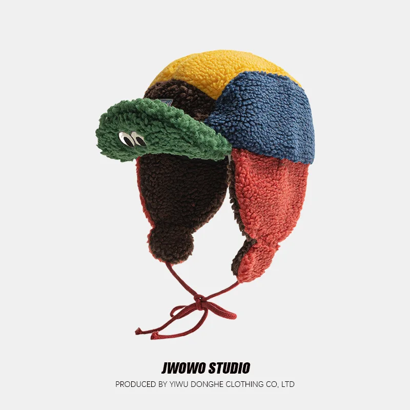 Autumn Winter Lambskin Lei Feng Hat for Men Women Outdoor Cycling Running Basin Hat Color Blocked Ear-protecting Warm Ski Cap