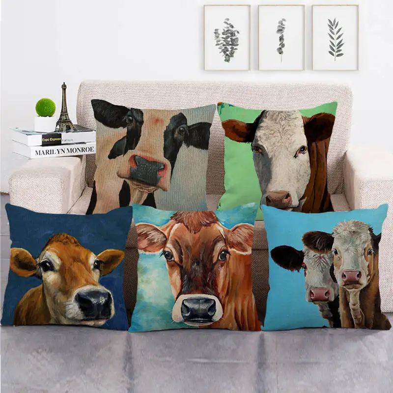 

Colored Cow Cushion Cover Vintage Oil Painting Animal Pillow Cover Linen Home Decoration Cushion Pillowcase Farmhouse Home Decor