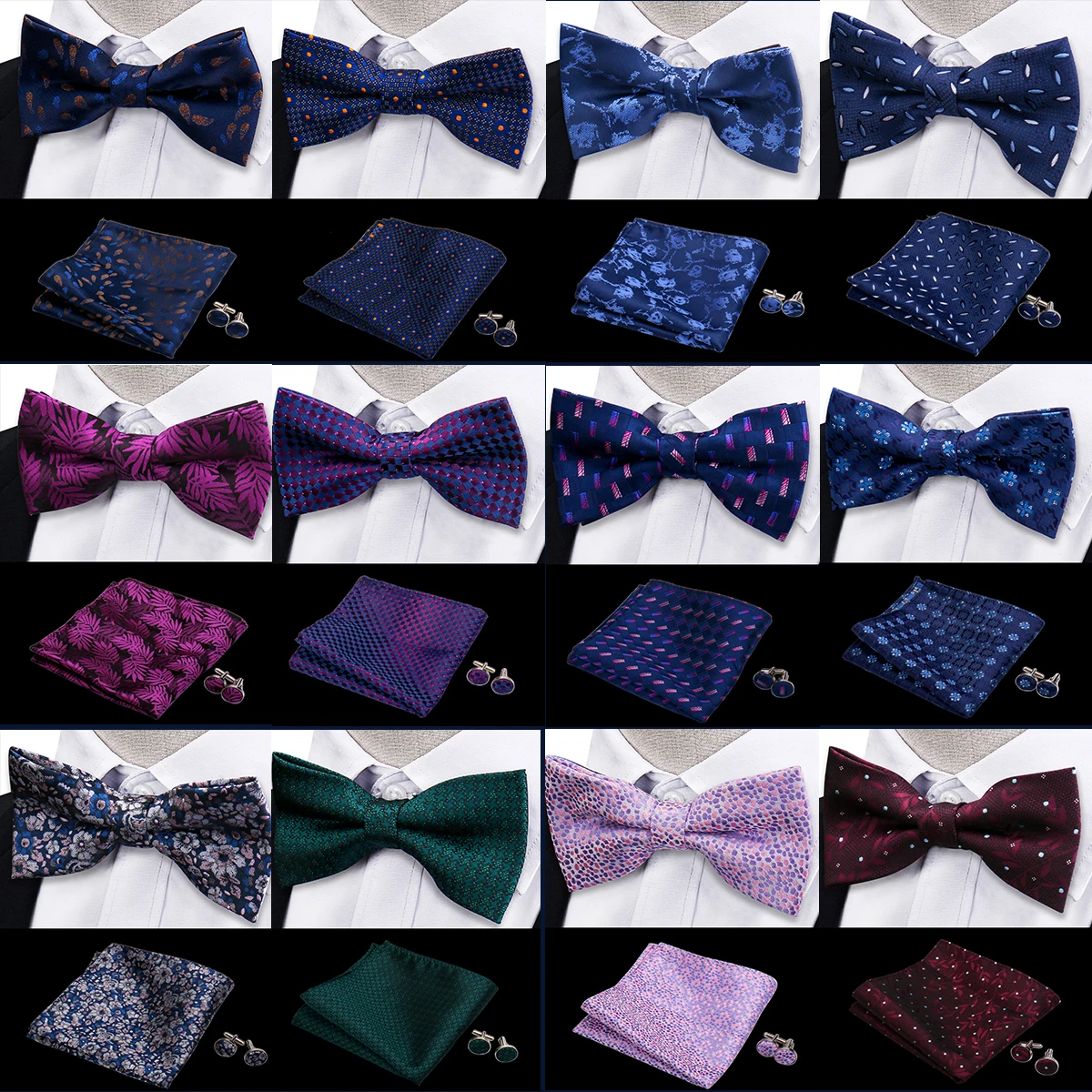 Set 3 pezzi papillon papillon fazzoletto gemelli Set per uomo camicie Fit Business Wedding Butterfly Paisley Pocket Square Bowtie Man