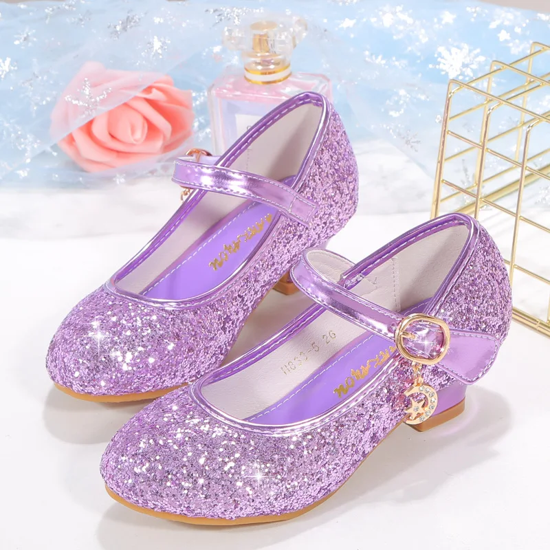 2025 New Children High Heels Red White Pink Sliver Girls Sequin Princess Shoe Four Seasons Students Dance Performance Show Shoes