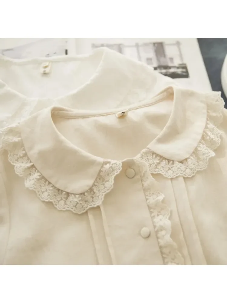 High Quality 100%  White Cotton Shirts Women Solid Sweet Tops Girl Peter Pan Collor Long Sleeve Autumn  Chic Lace Blouse