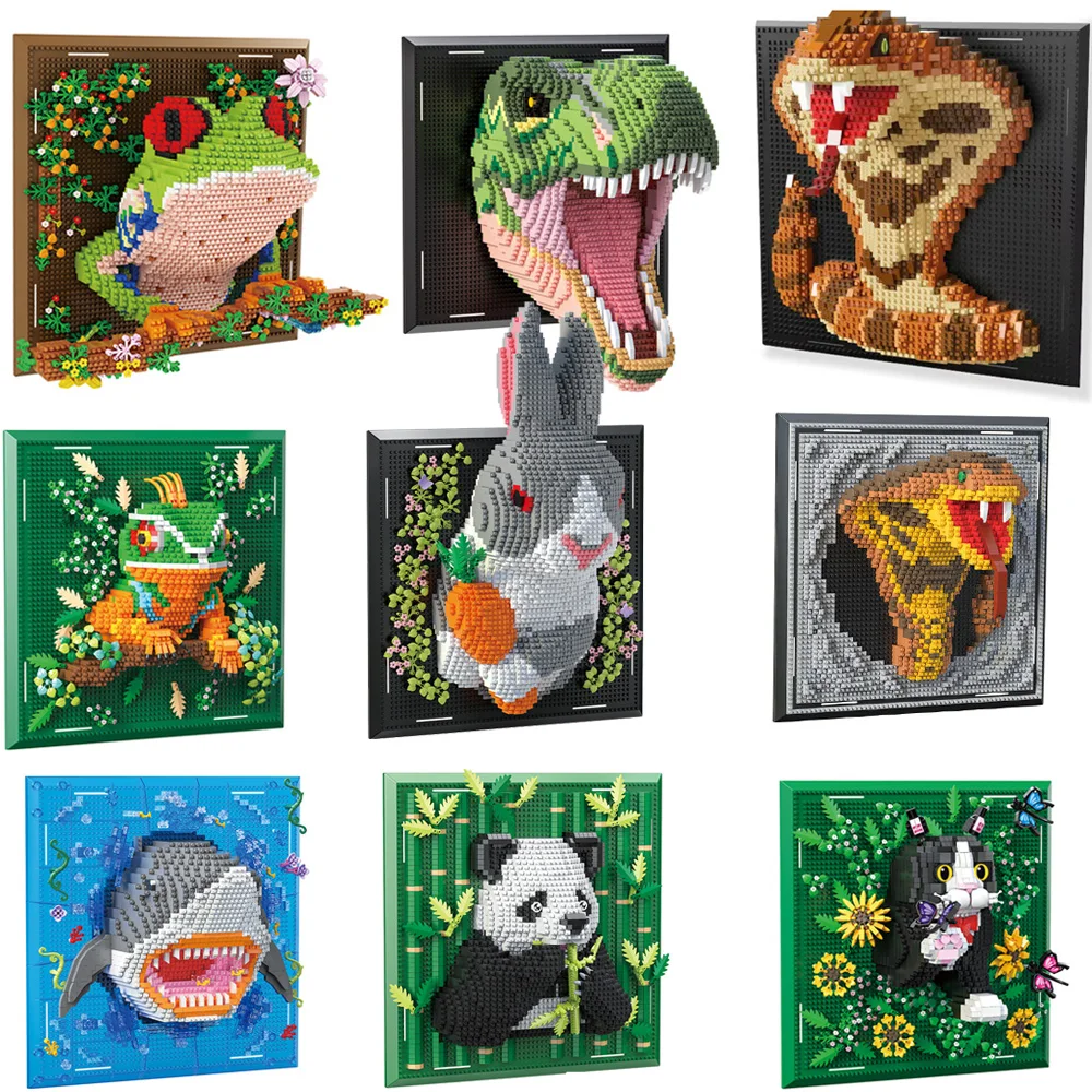 3D Mural Wolf Building Blocks Dragon Rabbit Frog Lizard Cat Snake Panda Shark Eagle Model Assembled Bricks For Kid Christmas Toy