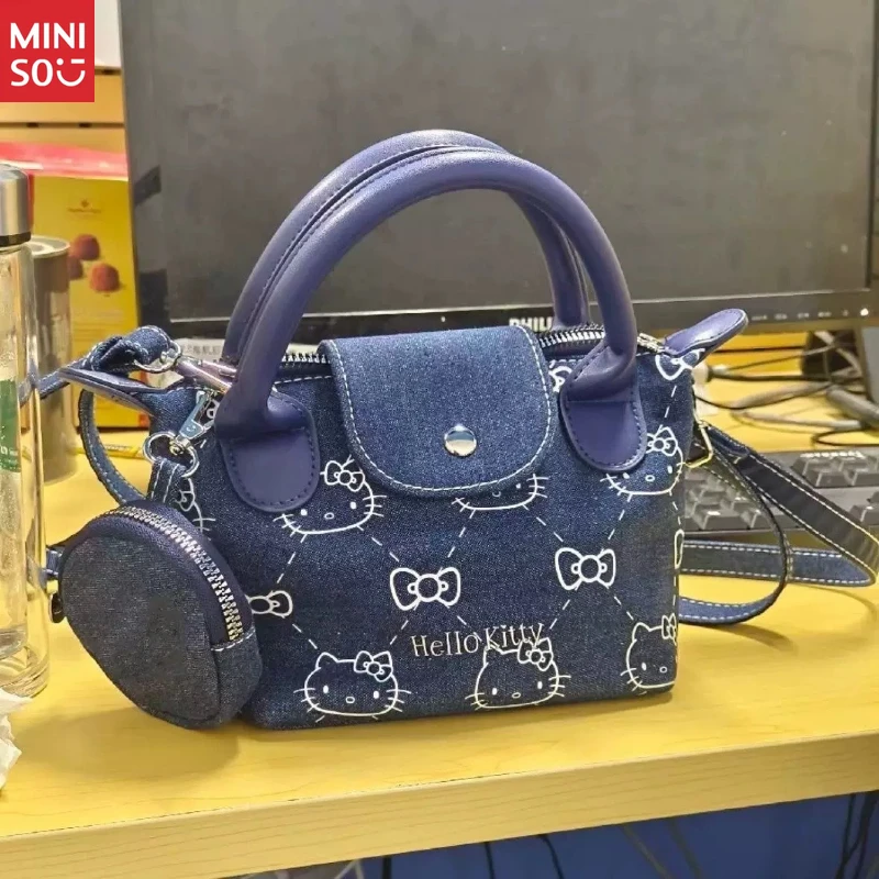 Miniso Denim Kitten Print Bag 2025, Cute Dumpling Hobo Purse with Crossbody Strap