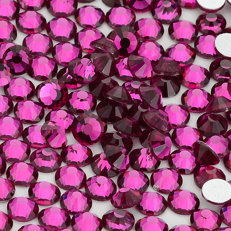 All Size SS3-SS60 Fuchsia Glass Flatback Rhinestone Glitter Red Round Silver Bottom Glue On Crystal Diamond for Nail Art Crafts