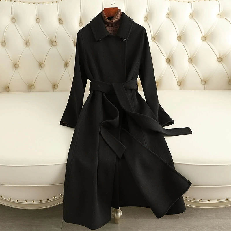 

Элитное двустороннее пальто из 100% шерсти для женщин, осень-зима 2026, новая модная коллекция, элегантное, приталенное, с поясом. Женские шерстяные пальто.