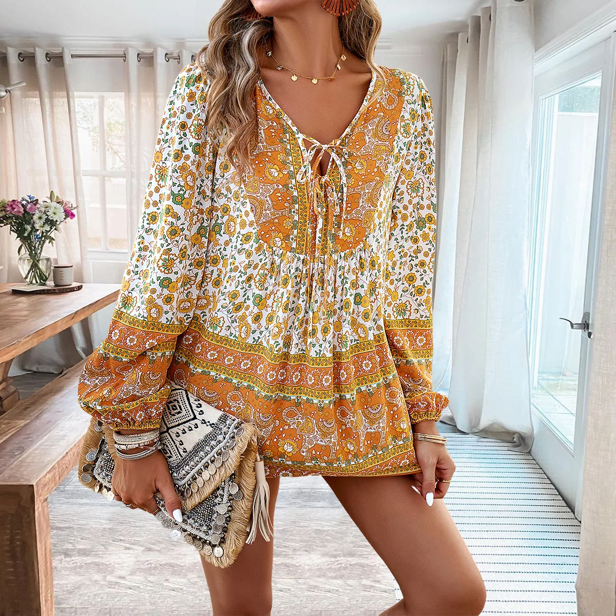 

Autumn Floral Shirts and Blouse Elegant Women Top Loose Dress Up V Neck Streetwear Full Sleeve Outfit Fashion Female Clothing