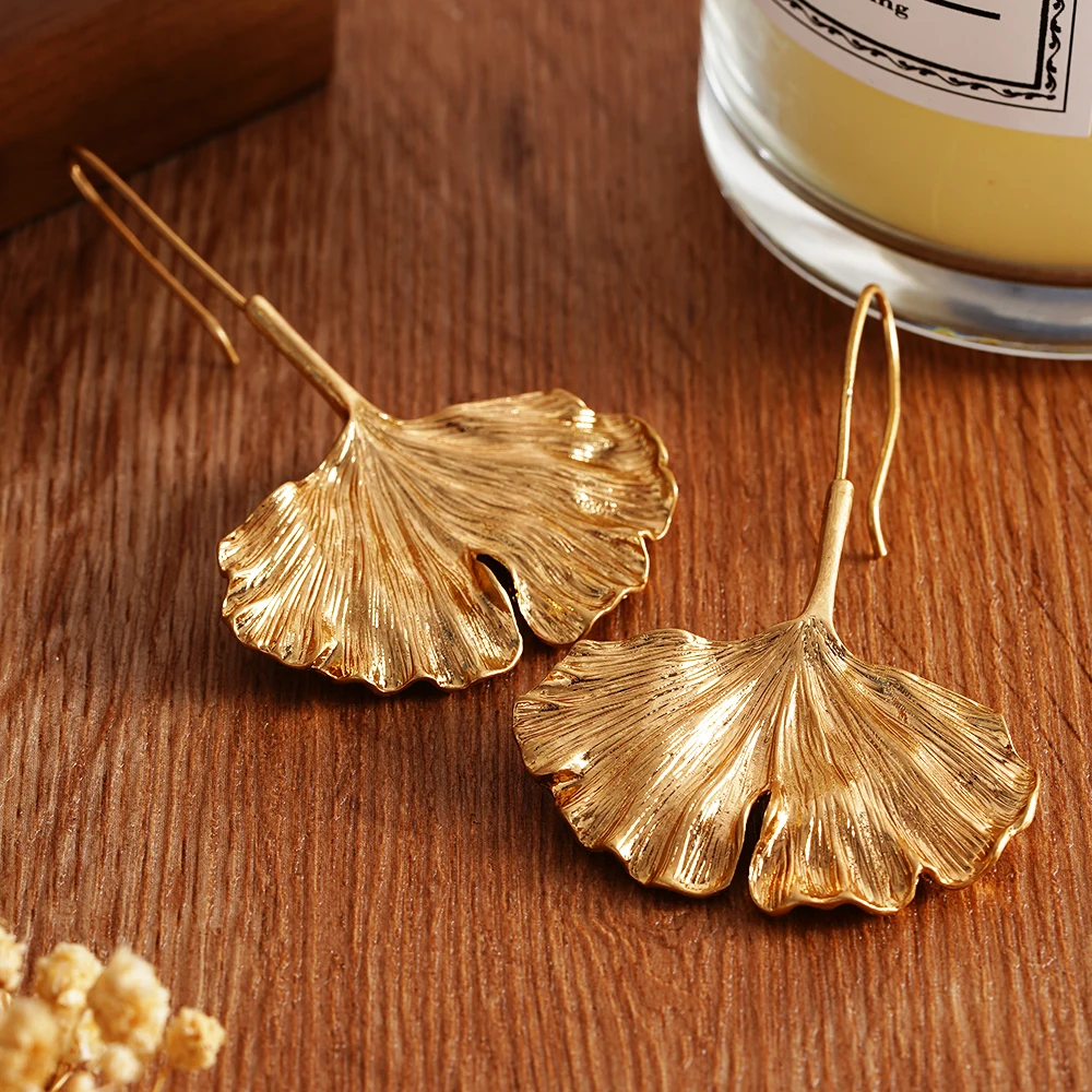 

Vintage Heavy Metal Stainless Steel Earrings Woman Golden Leaf Stud Punk Geometric Retro Female Ear Hooks Women Girls Jewelry