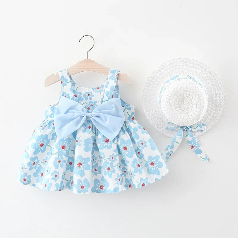 2Piece Summer Clothes Baby Girl Beach Dresses Casual Fashion Print Cute Bow Flower Princess Dress+Hat Newborn Clothing Set BC171