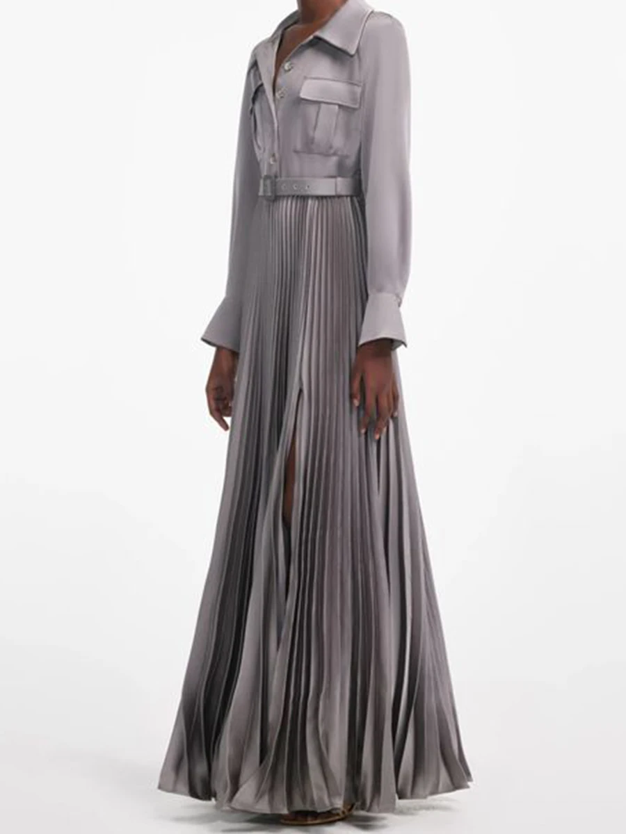 VGH sólido elegante draoed vestidos de satén para mujeres Lape manga larga cintura alta empalmado cinturón temperamento vestido mujer moda nueva