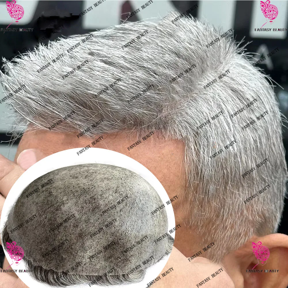 Undetectable 1B80 1B65 Gray Man 100% Human Hair Natural Hairline Durable Microskin Thin Pu Men Toupee Wigs Capillary Prosthesis