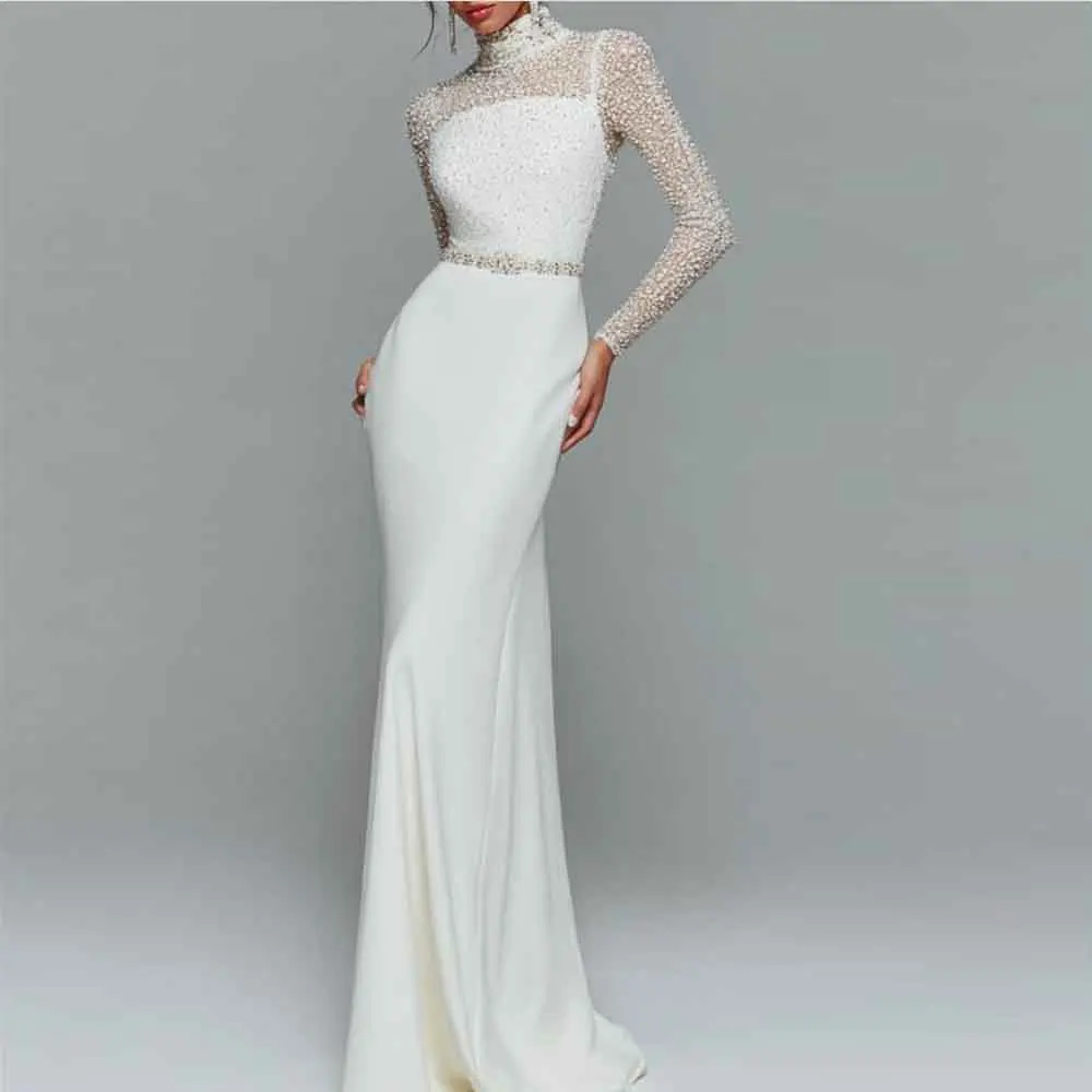 

Customized Beading Embrodiery Wedding Dress Illusion Neck Full Sleeve Bride Gown Ivory Satin Mermaid vestidos de novia with Belt