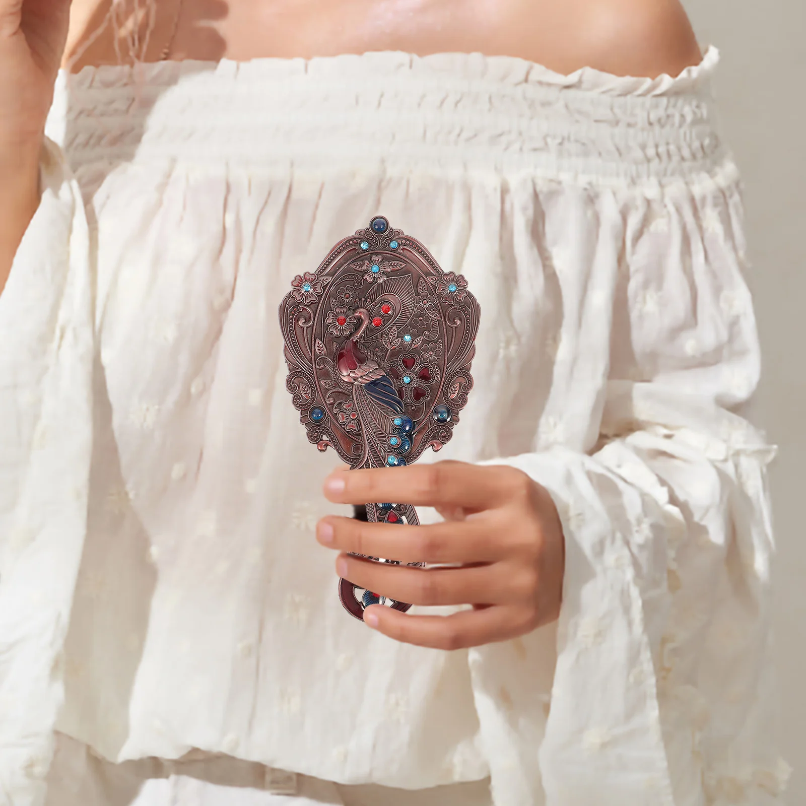 1Set Make-upspiegelset Vintage Handspiegel met Kam Draagbaar Kappersgereedschap voor Reizen School Gym Portemonnee