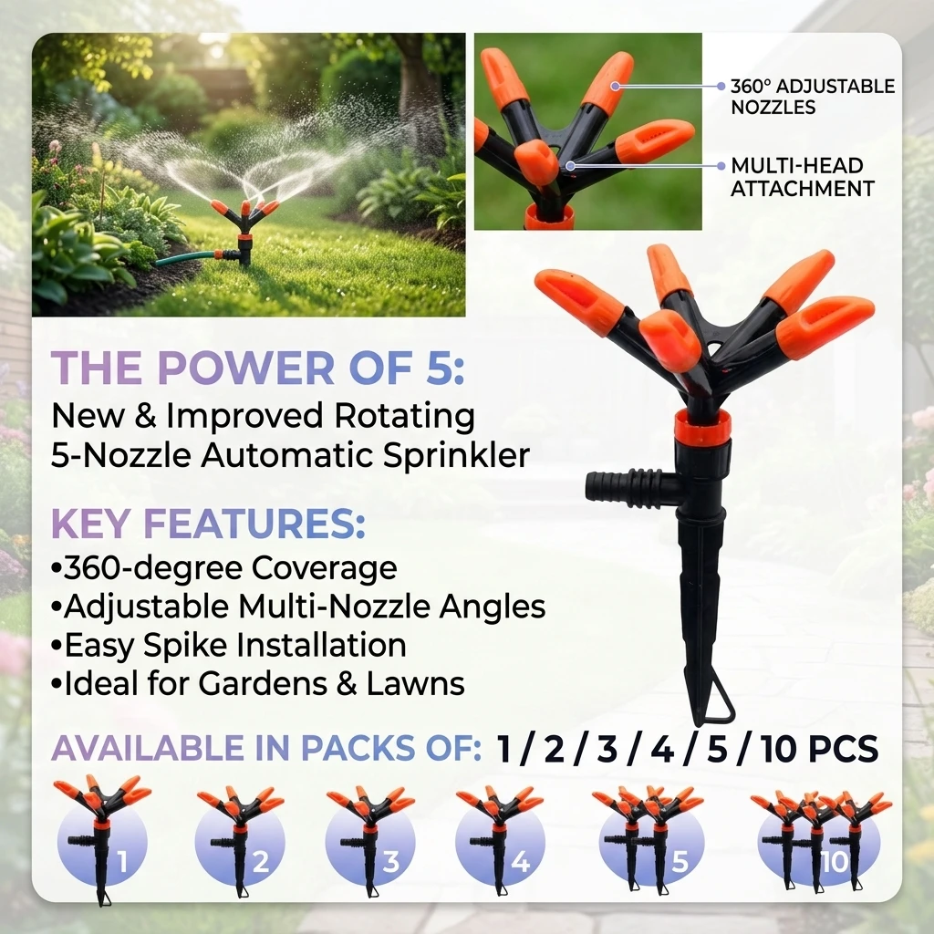 360-degree Rotating 5-nozzle Automatic Sprinkler 1/2/3/4/5/10PCS For Watering Flowers Water Pipes Garden Lawn Irrigation Ground
