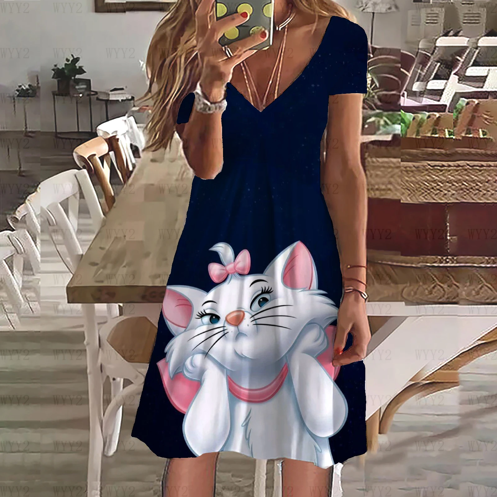 แฟชั่นฤดูร้อนสาวชุด Disney Marie Cat V คอลําลองสไตล์ Pastoral Slim หวานขี้เกียจ Midi ชุดหลวม Street สไตล์กระโปรง