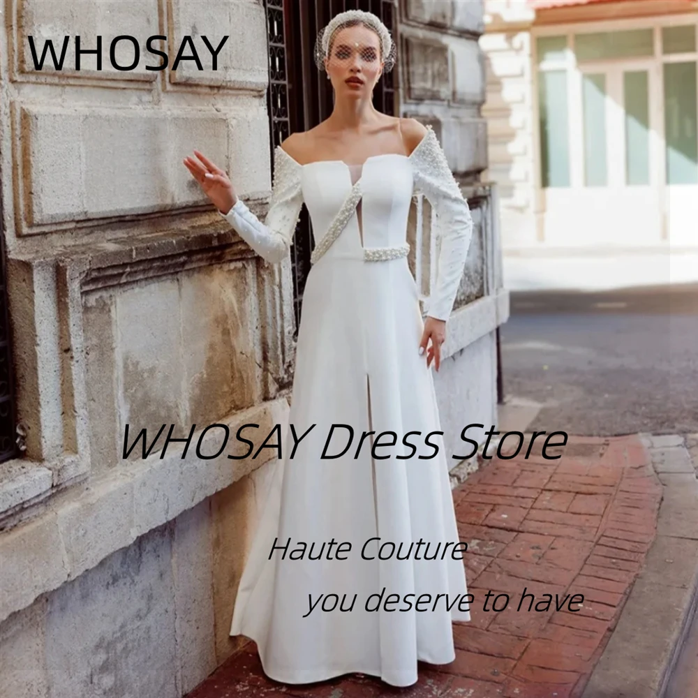 

WHOSAY Vestidos Prom Dresses Off Shoulder Beaded Long Sleeves Evening Party Dress Zipper Back Bridal Gowns Customized