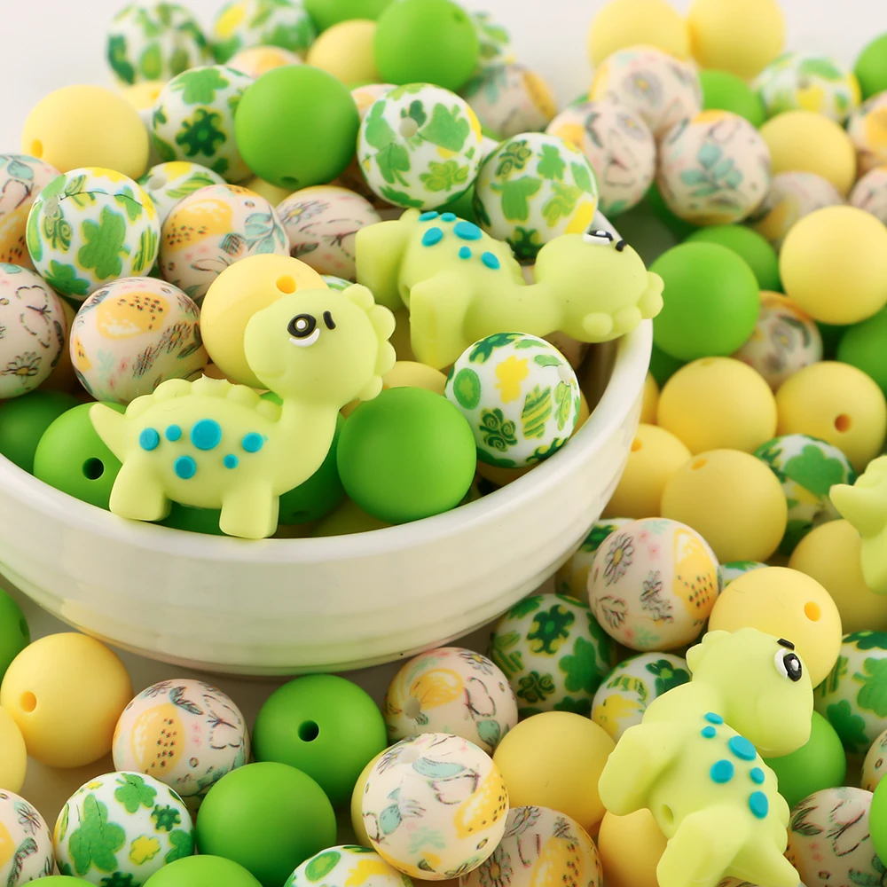 32pcs/Lot 3D Animal Silicone Beads/Printed/Round Beads Combination Set For Jewelry Making DIY Bracelet Keychain Pen Accessories