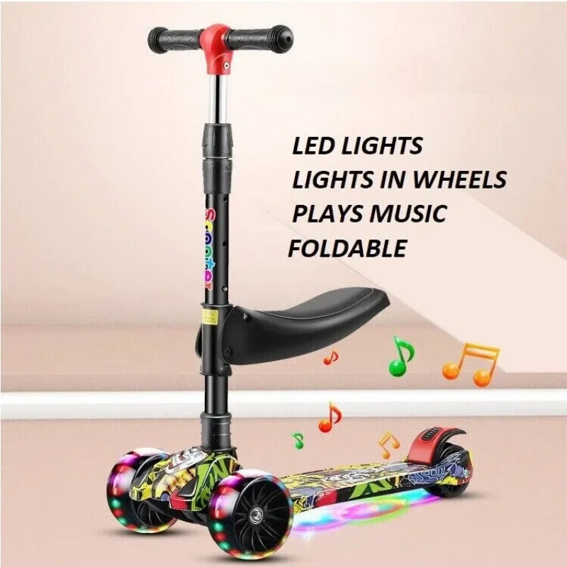 3 Wheeled Scooter with Wheel Lights for Kids 2-in-1 Sit/Stand Child Toddlers Toy Kick Scooters Flip-out Seat Adjustable Height