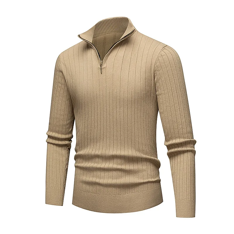 

Autumn Winter Half Zipper Knit Pullovers Men Stand Collar Fashion Solid Striped Knitting Sweater Male Long Sleeve Knitted Tops