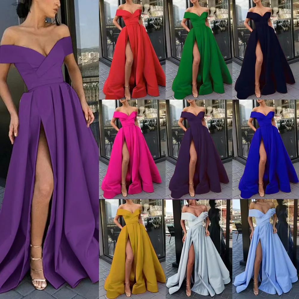 Elegant Deep V Satin Evening Dress Pure Color Regal Sexy Summer New Arrival High Waist Princess Skirt Style Long Dress