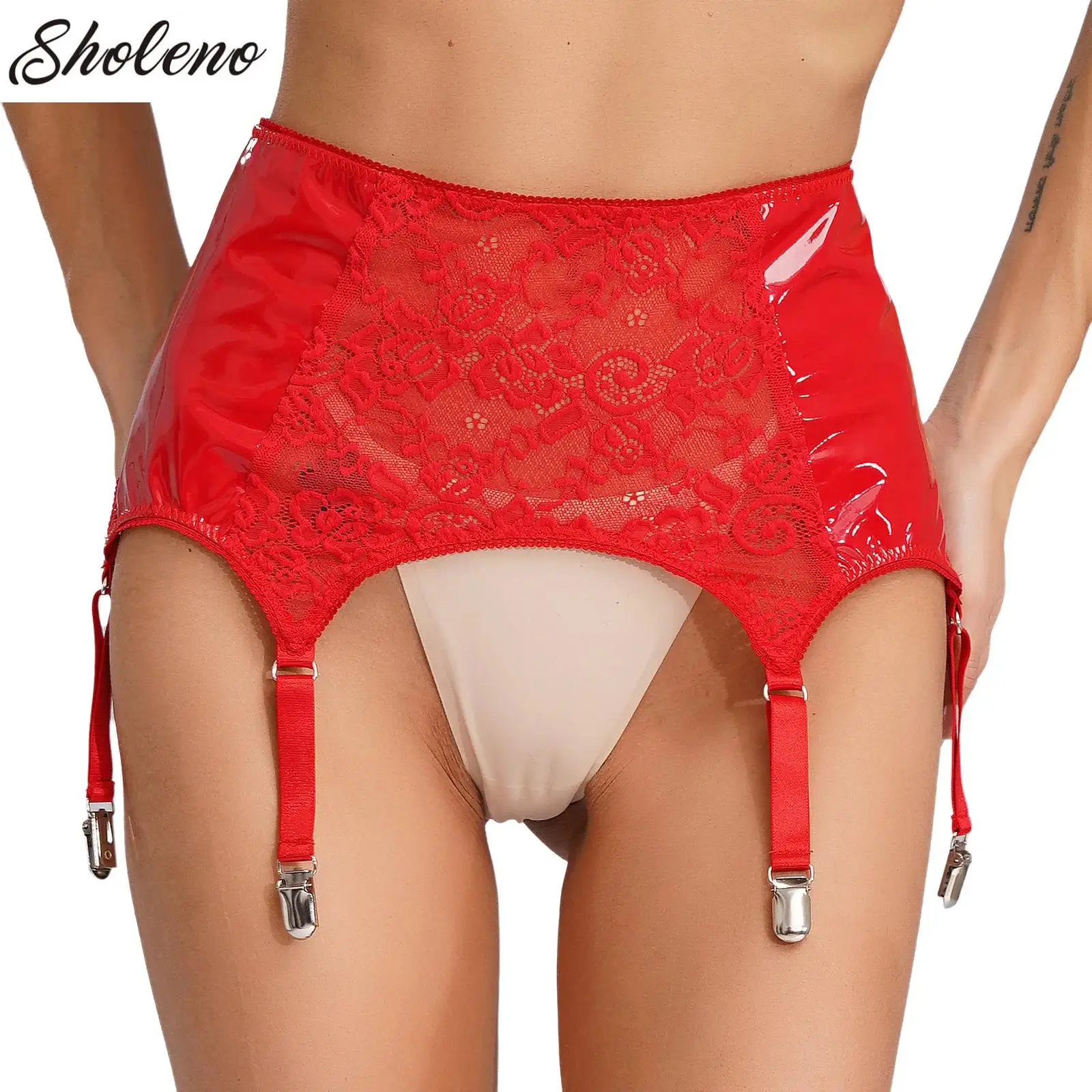 

Sexy Faux Leather Flower Lace Garters Black Stocking Suspenders Belts With 6 Metal Clips Fashion Women's Plus Size Underwear