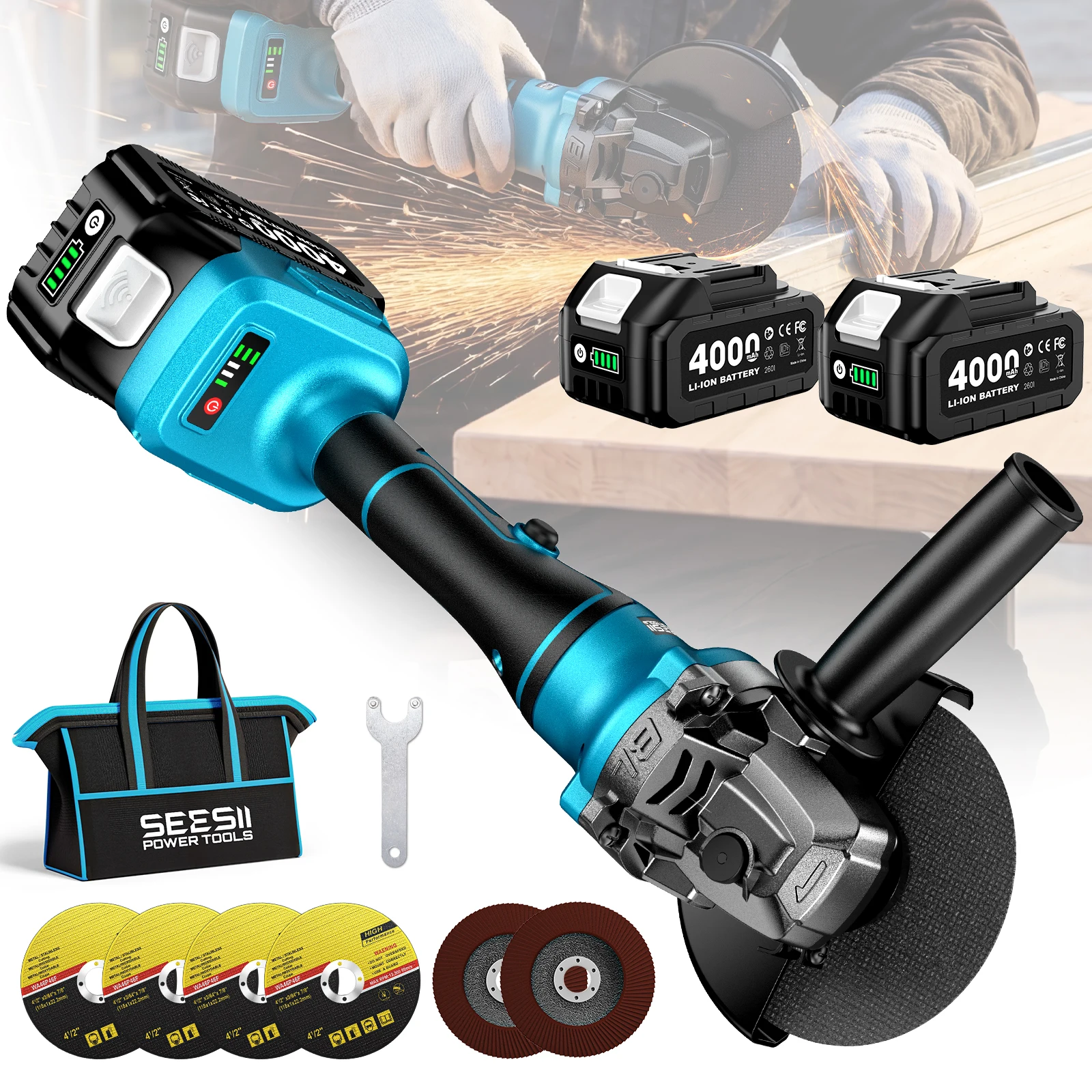 SEESII 115mm Brushless Angle Grinder 4.0 Battery Cordless Grinding Machine Variable Speed Settings Cutting Woodworking Power Tool For Makita Battery Pin